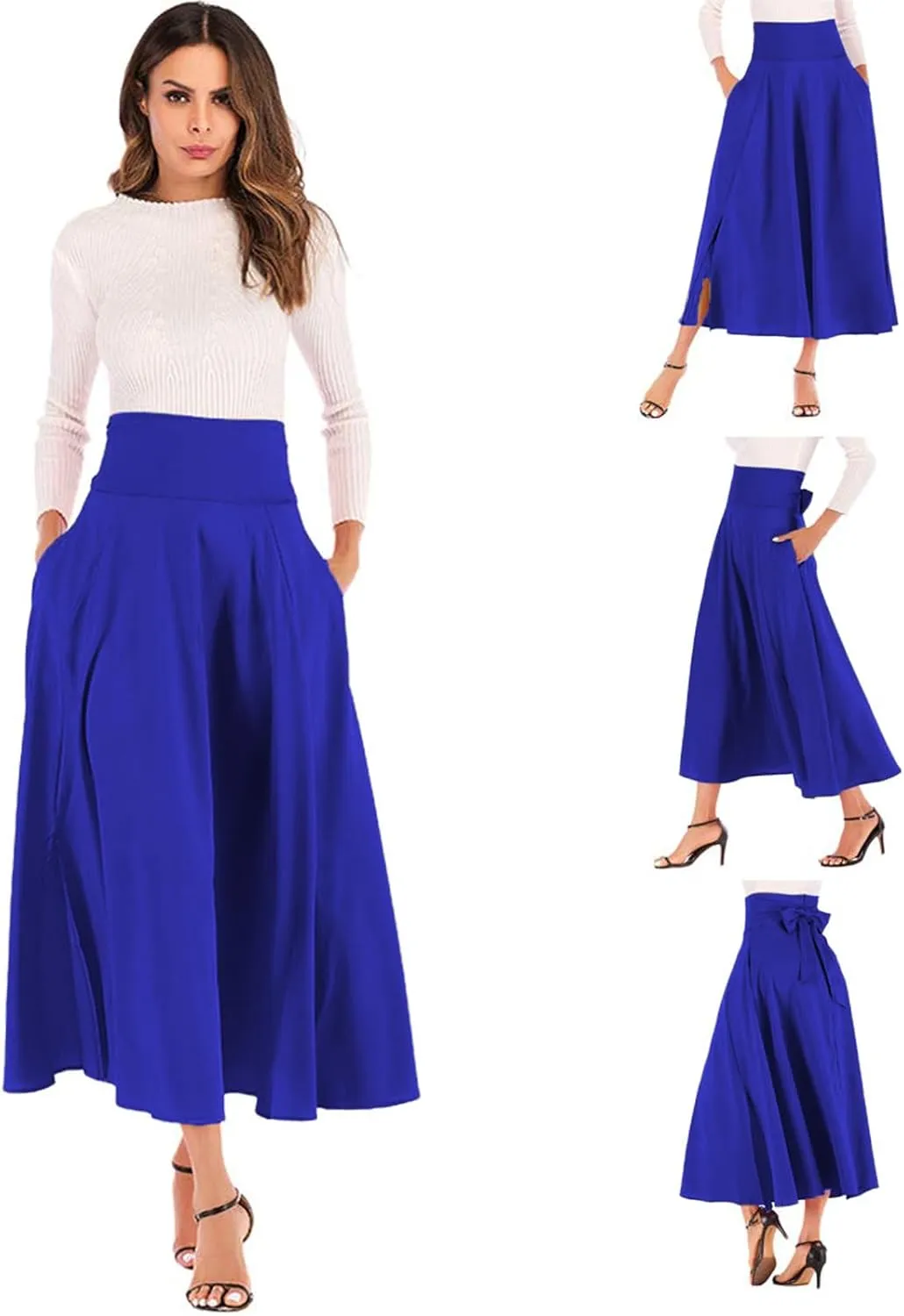 Women's Casual High-Waisted Pleated Maxi Skirt with Pockets，Solid Long Vintage Strappy Skirt