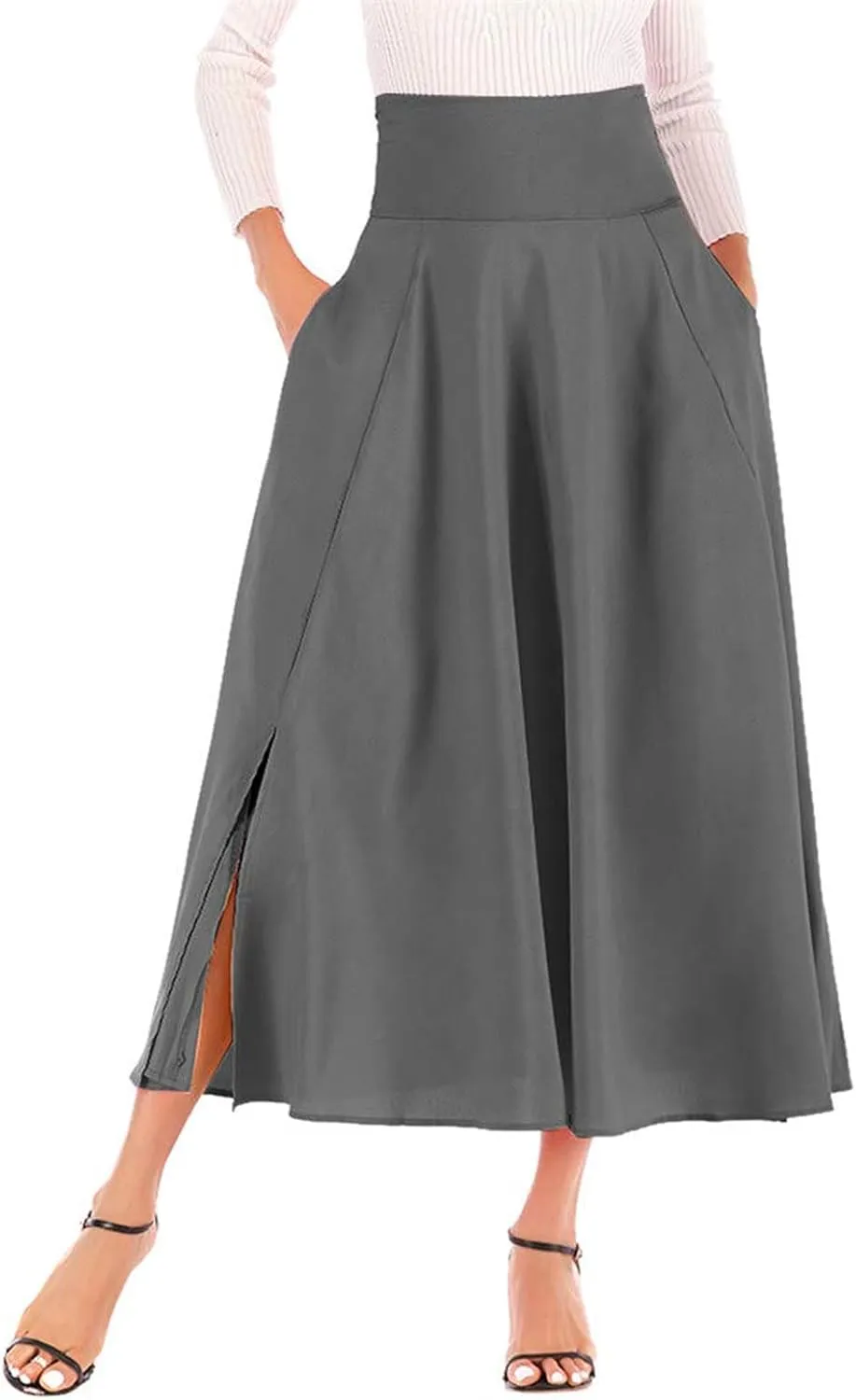 Women's Casual High-Waisted Pleated Maxi Skirt with Pockets，Solid Long Vintage Strappy Skirt