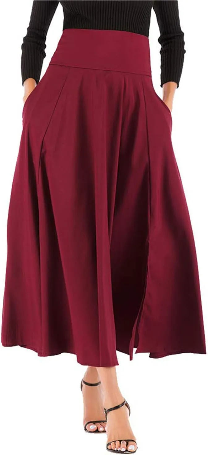 Women's Casual High-Waisted Pleated Maxi Skirt with Pockets，Solid Long Vintage Strappy Skirt