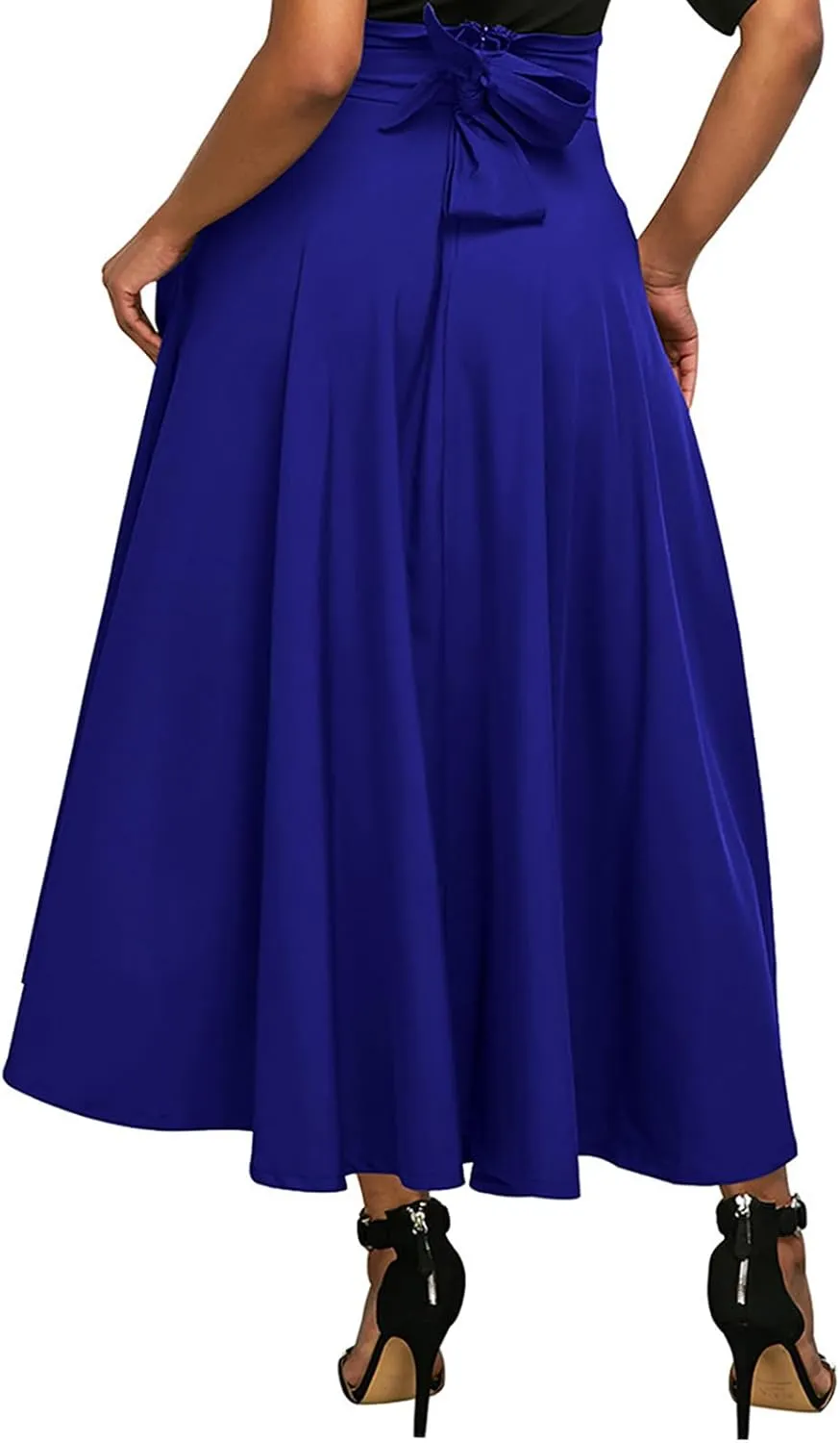 Women's Casual High-Waisted Pleated Maxi Skirt with Pockets，Solid Long Vintage Strappy Skirt