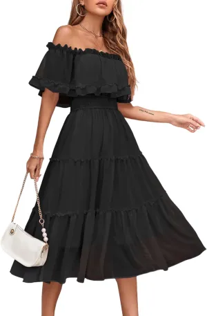Women's Casual Off The Shoulder Ruffle Midi Dress Boho Flowy Tiered Wedding Bridesmaid Party A-Line Long Dresses