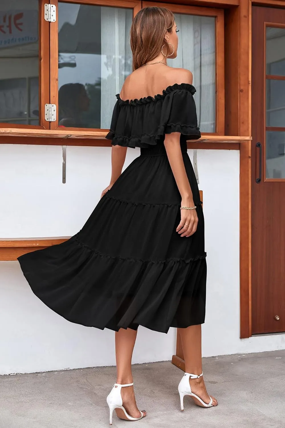 Women's Casual Off The Shoulder Ruffle Midi Dress Boho Flowy Tiered Wedding Bridesmaid Party A-Line Long Dresses