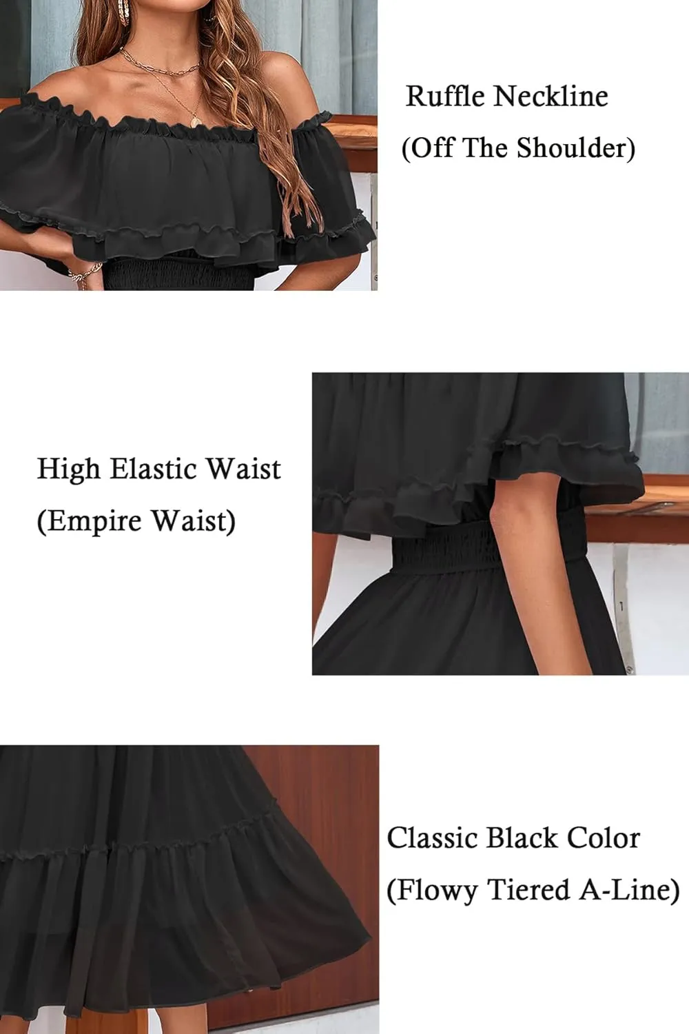 Women's Casual Off The Shoulder Ruffle Midi Dress Boho Flowy Tiered Wedding Bridesmaid Party A-Line Long Dresses