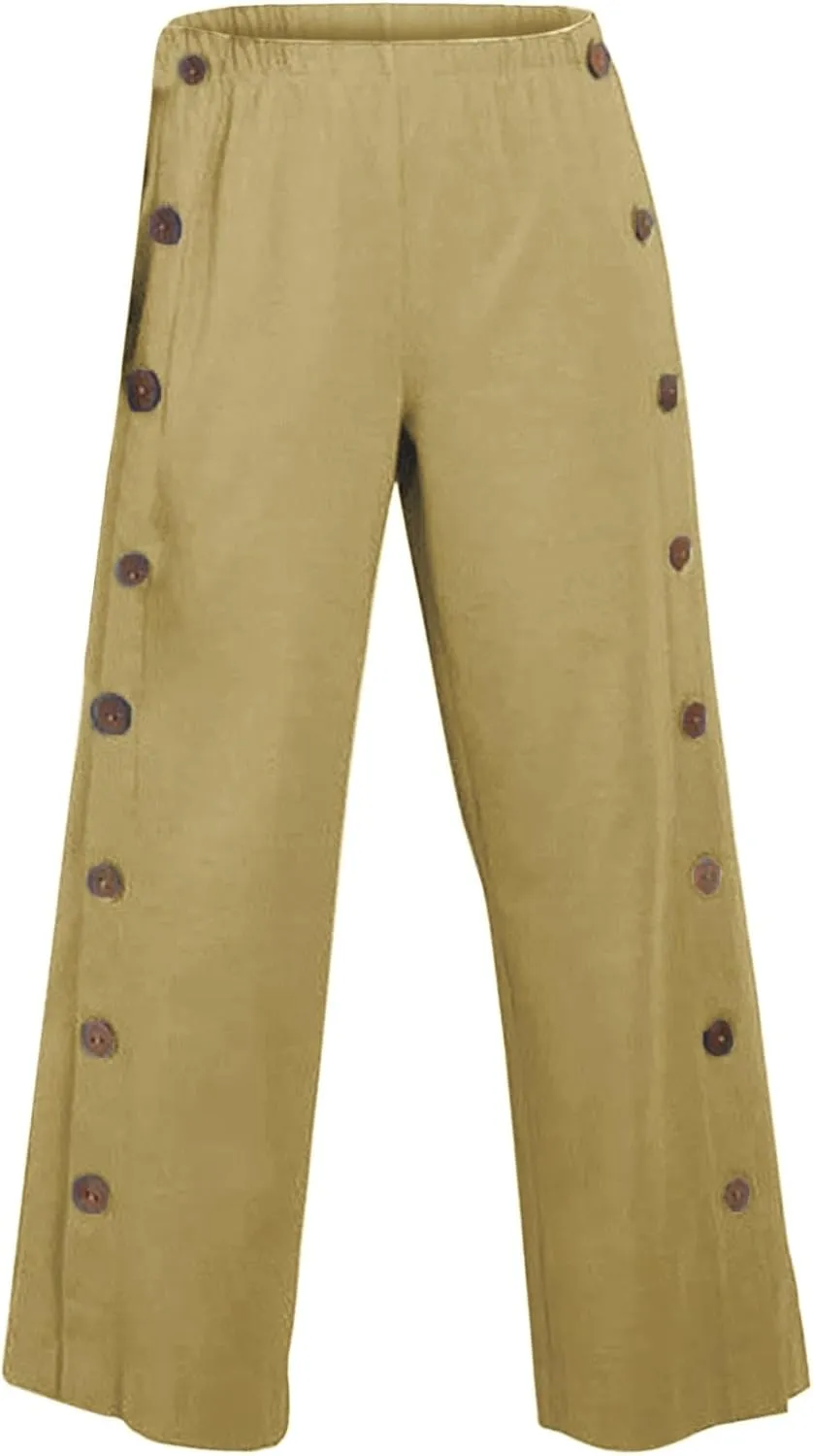 Women's Casual Pants Summer Wide Leg Straight Capris Side Button Elastic Waist Cropped Trousers with Pockets Outfits