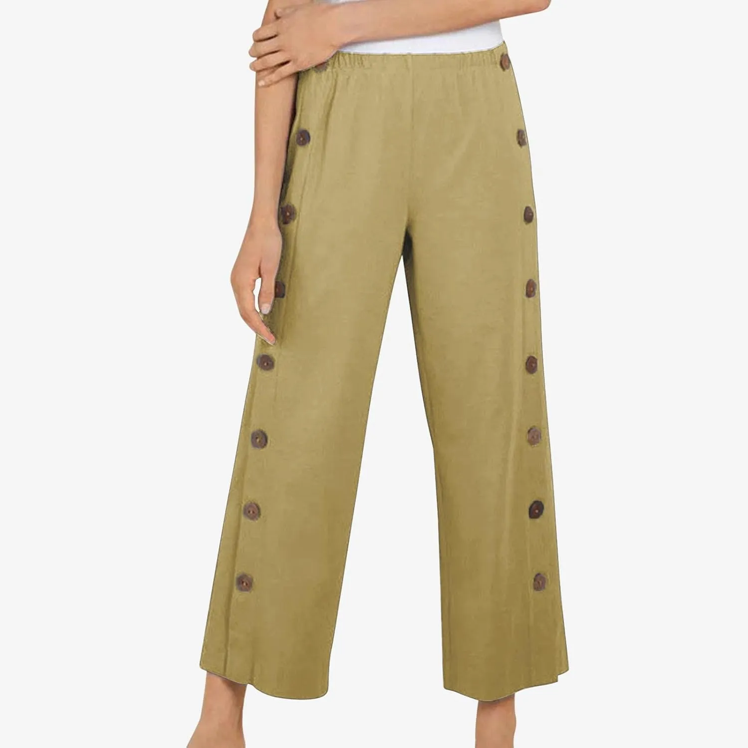 Women's Casual Pants Summer Wide Leg Straight Capris Side Button Elastic Waist Cropped Trousers with Pockets Outfits