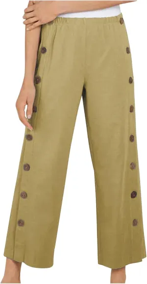 Women's Casual Pants Summer Wide Leg Straight Capris Side Button Elastic Waist Cropped Trousers with Pockets Outfits