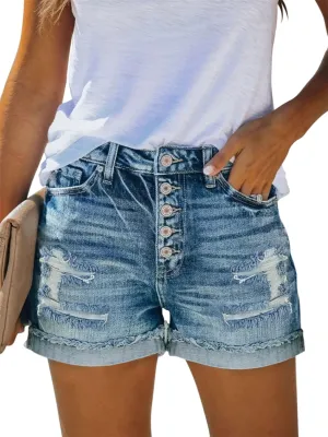 Womens Casual Stretch Denim Jean Shorts with Button Pockets for Summer