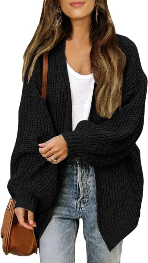 Women's Chunky Cardigan Sweaters 2024 Fall Cable Knit Open Front Sweater Lantern Sleeve Oversized Cardigan Outwear