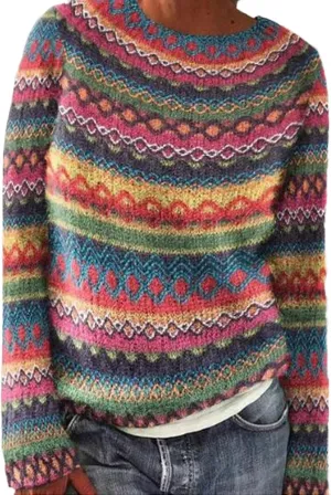Women's Colorful Knitted Sweater, Long Sleeve Vintage Pattern, Casual Warm Pullover Sweaters for Women Trendy
