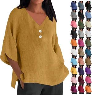 Women's Cotton Linen Button Shirts Casual V Neck 3/4 Sleeve Tops Plus Size Oversized Boho Tshirt Loose Tunics Blouse