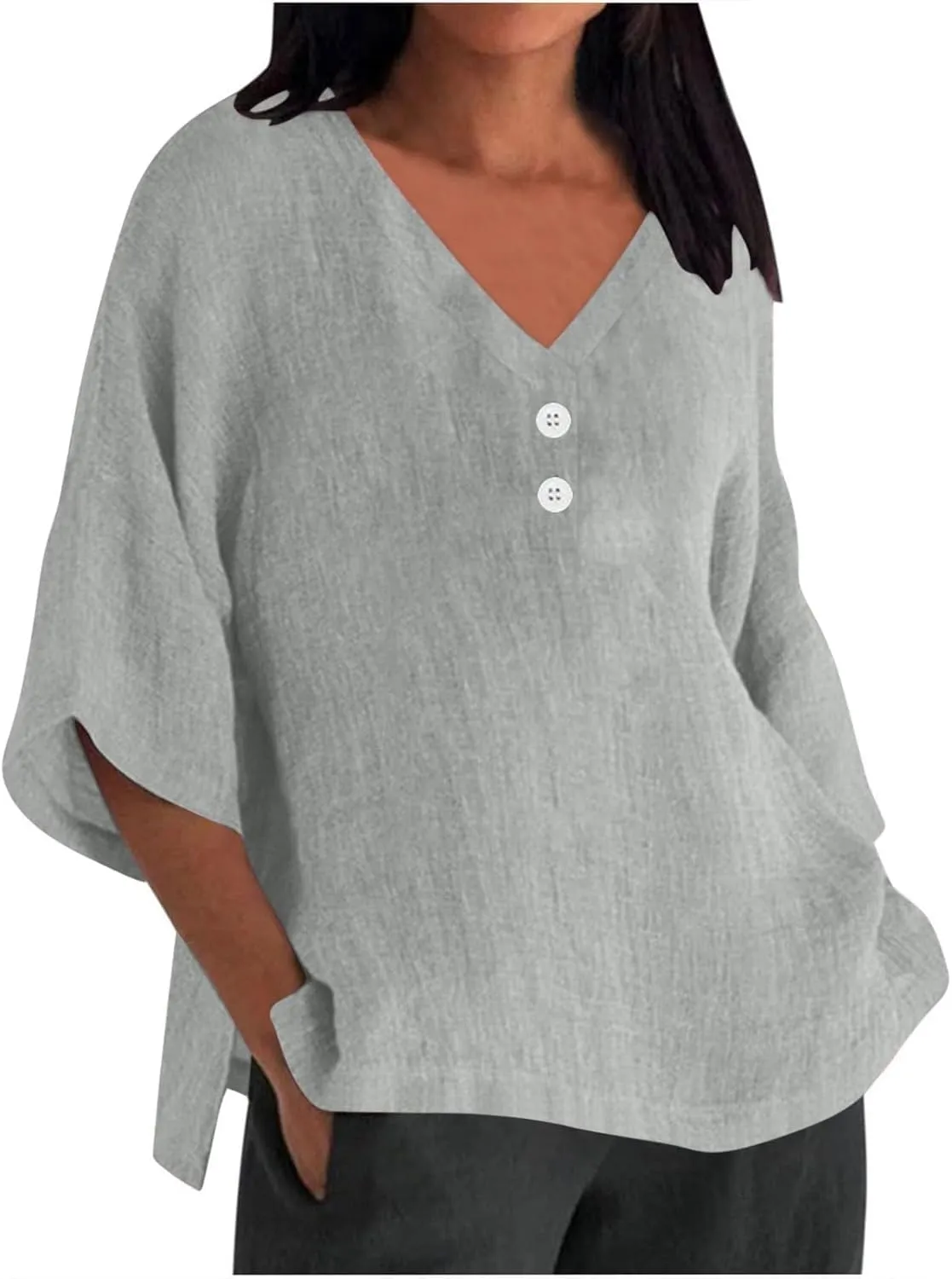Women's Cotton Linen Button Shirts Casual V Neck 3/4 Sleeve Tops Plus Size Oversized Boho Tshirt Loose Tunics Blouse