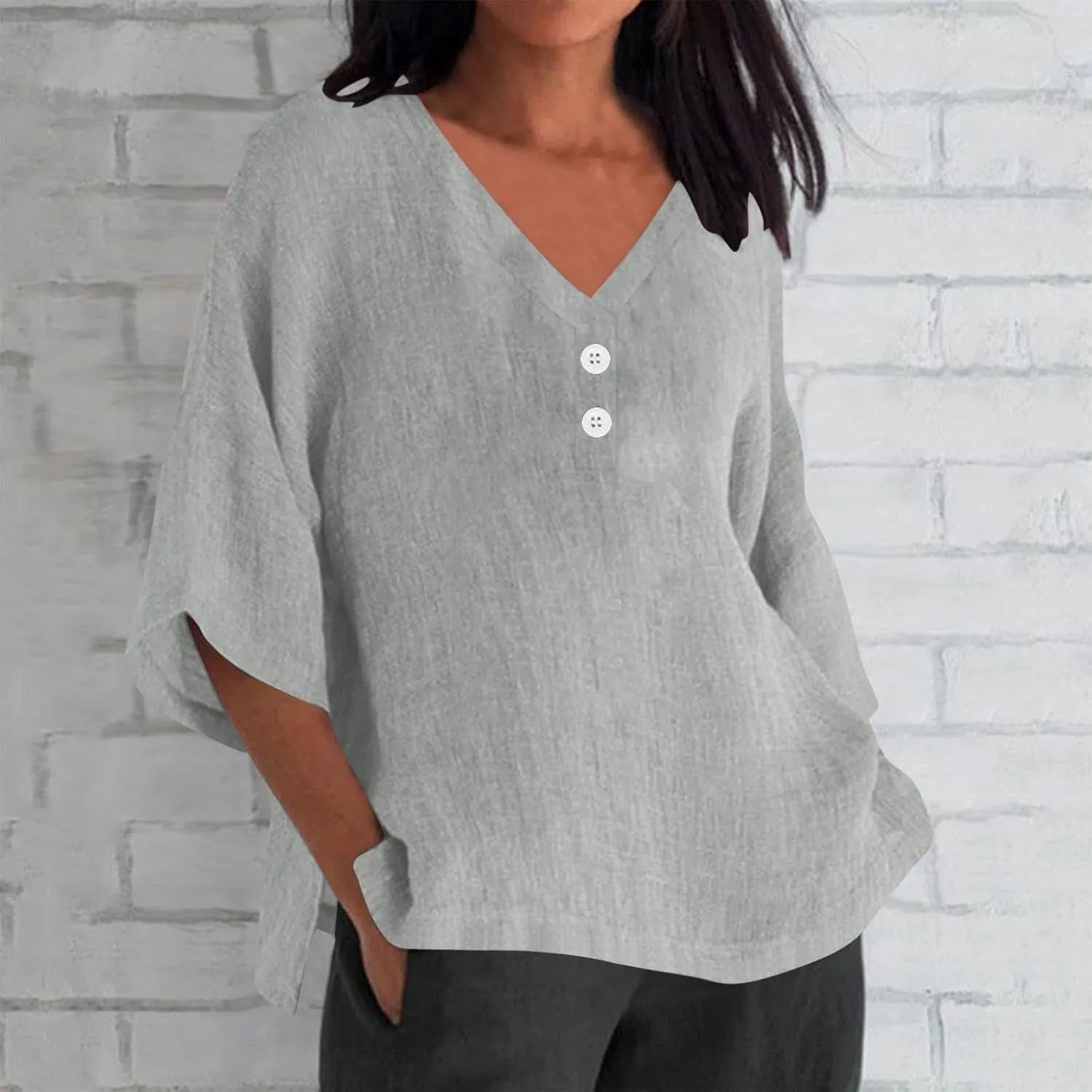Women's Cotton Linen Button Shirts Casual V Neck 3/4 Sleeve Tops Plus Size Oversized Boho Tshirt Loose Tunics Blouse