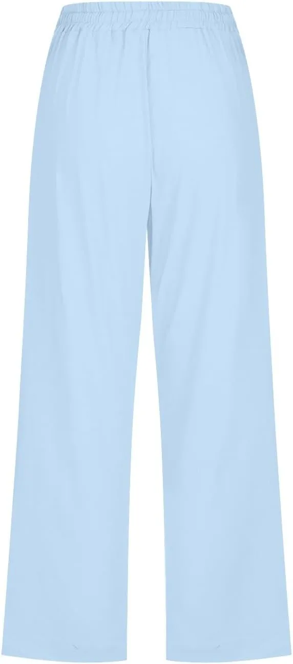 Women's Cotton Linen Capri Pant Loose Elastic Straight Leg Summer Beach Pants with Pockets