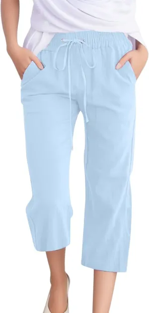 Women's Cotton Linen Capri Pant Loose Elastic Straight Leg Summer Beach Pants with Pockets