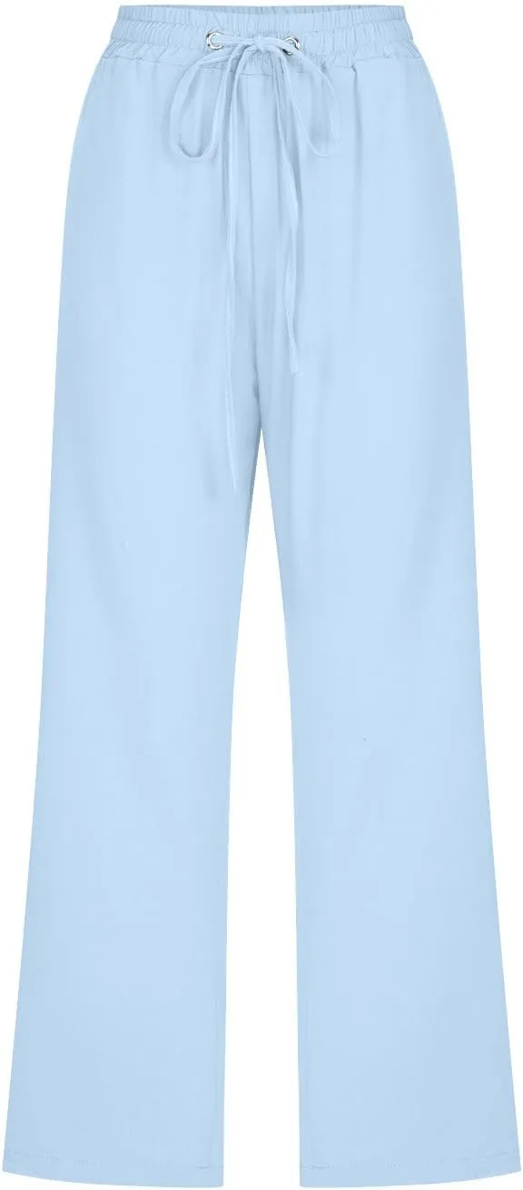 Women's Cotton Linen Capri Pant Loose Elastic Straight Leg Summer Beach Pants with Pockets
