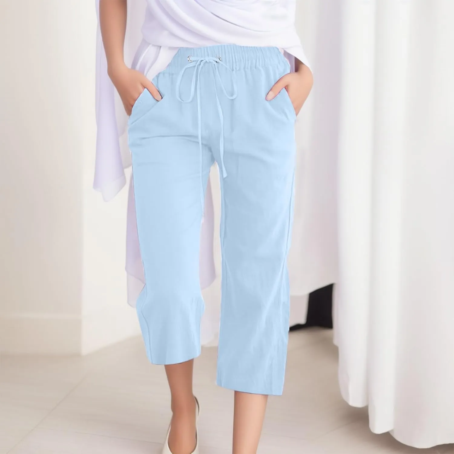 Women's Cotton Linen Capri Pant Loose Elastic Straight Leg Summer Beach Pants with Pockets