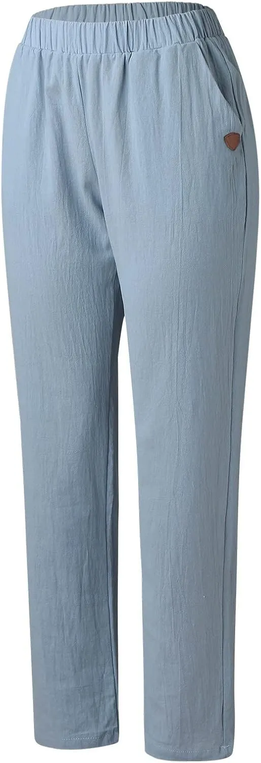 Womens Cotton Linen Pants Summer Casual Loose Elastic High Waisted Straight Leg Solid Lounge Long Trousers