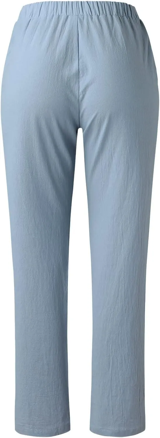 Womens Cotton Linen Pants Summer Casual Loose Elastic High Waisted Straight Leg Solid Lounge Long Trousers
