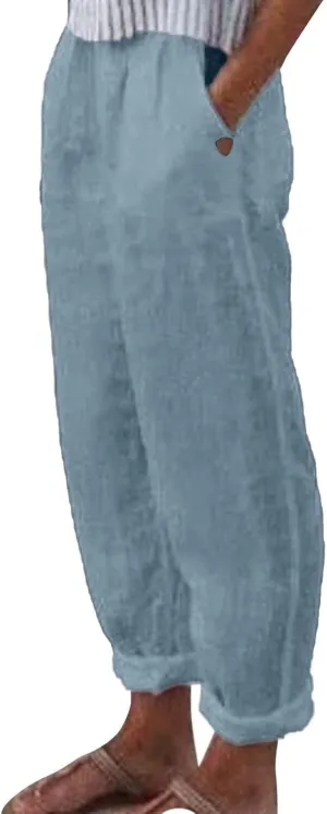 Womens Cotton Linen Pants Summer Casual Loose Elastic High Waisted Straight Leg Solid Lounge Long Trousers