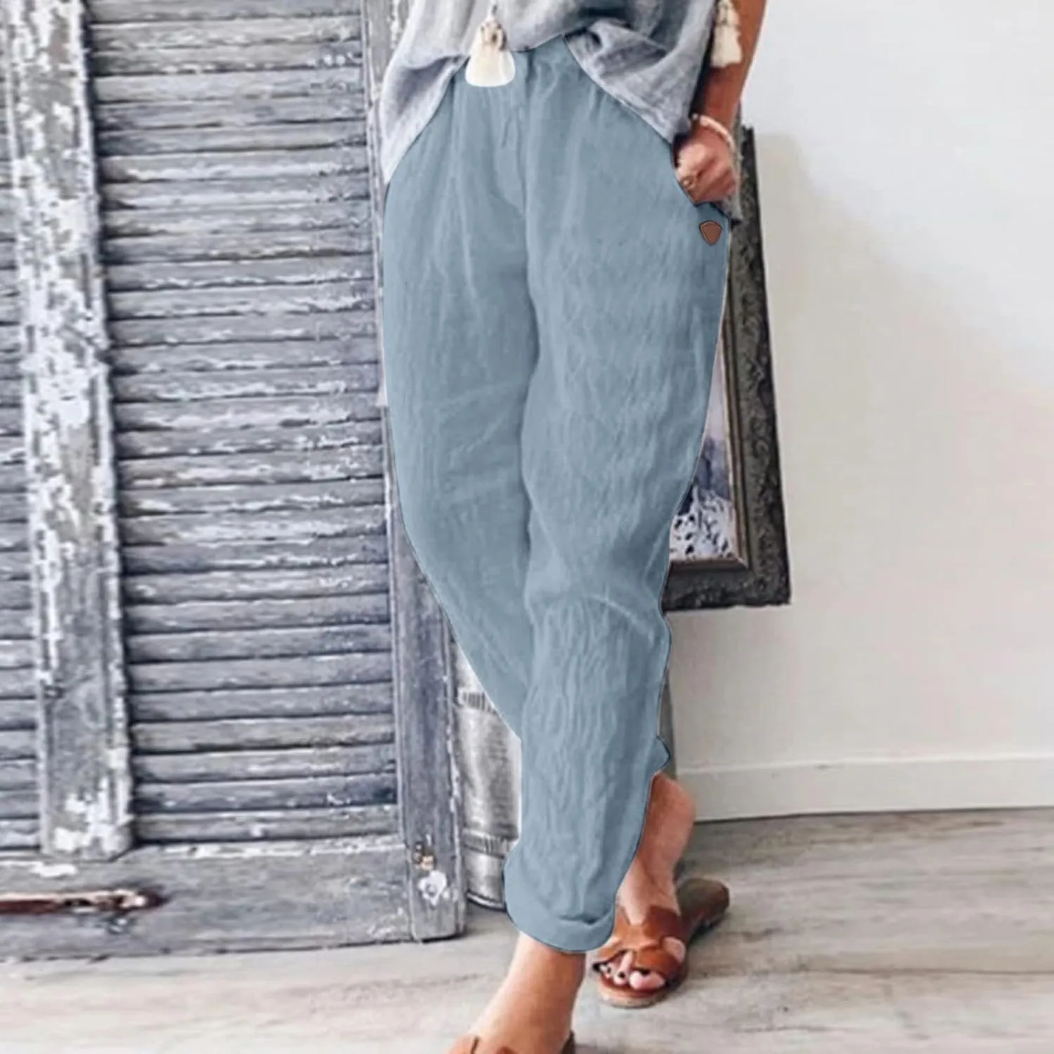 Womens Cotton Linen Pants Summer Casual Loose Elastic High Waisted Straight Leg Solid Lounge Long Trousers