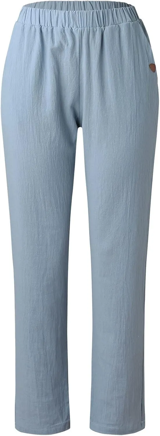 Womens Cotton Linen Pants Summer Casual Loose Elastic High Waisted Straight Leg Solid Lounge Long Trousers