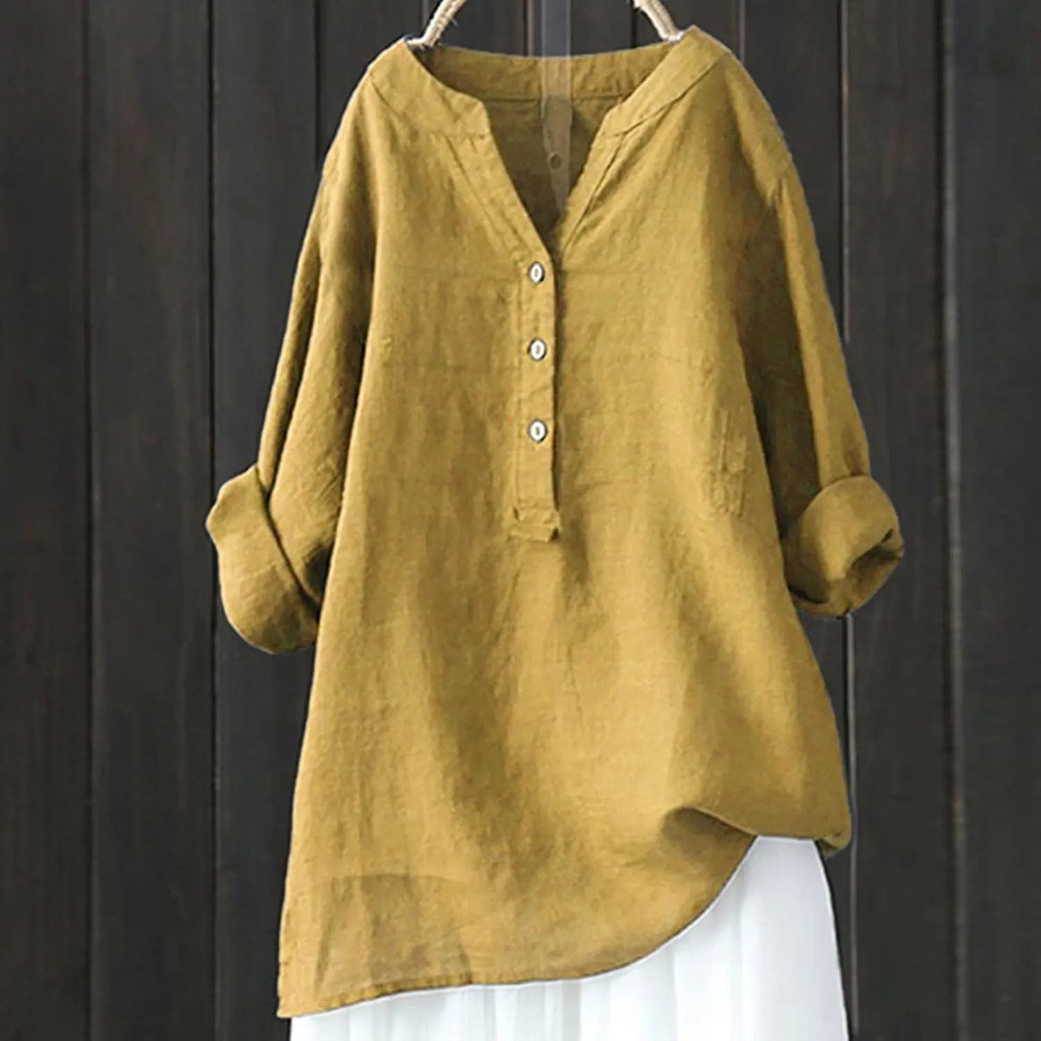 Womens Cotton Linen Shirts Solid Color 3/4 Sleeve Tunic Tops Oversized Tshirts for Women Casual V Neck Dressy Blouses