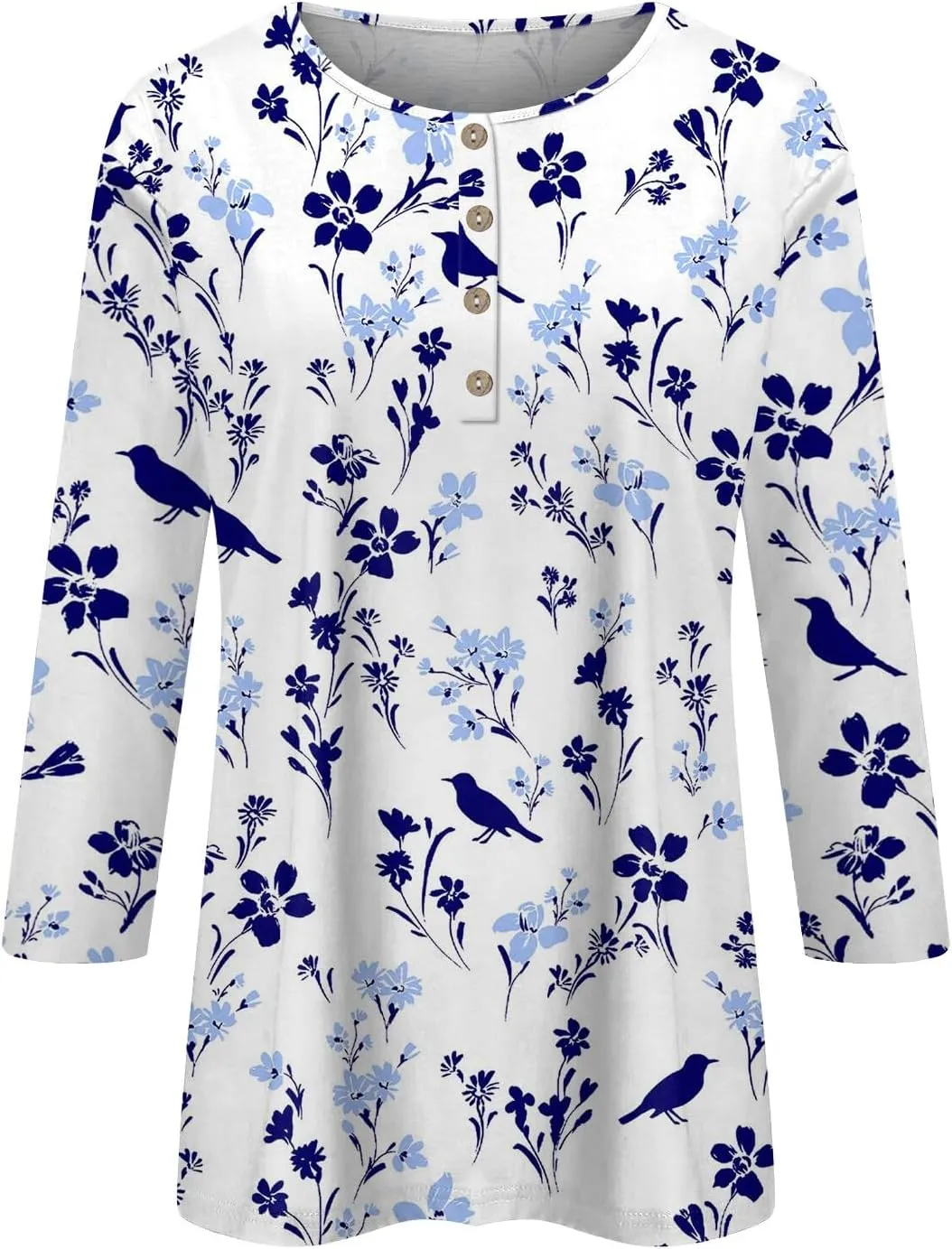 Women's Fashion Casual Long Sleeve Seven Part Sleeve Button Retro Print Neck Top Women's Athletic Shirts