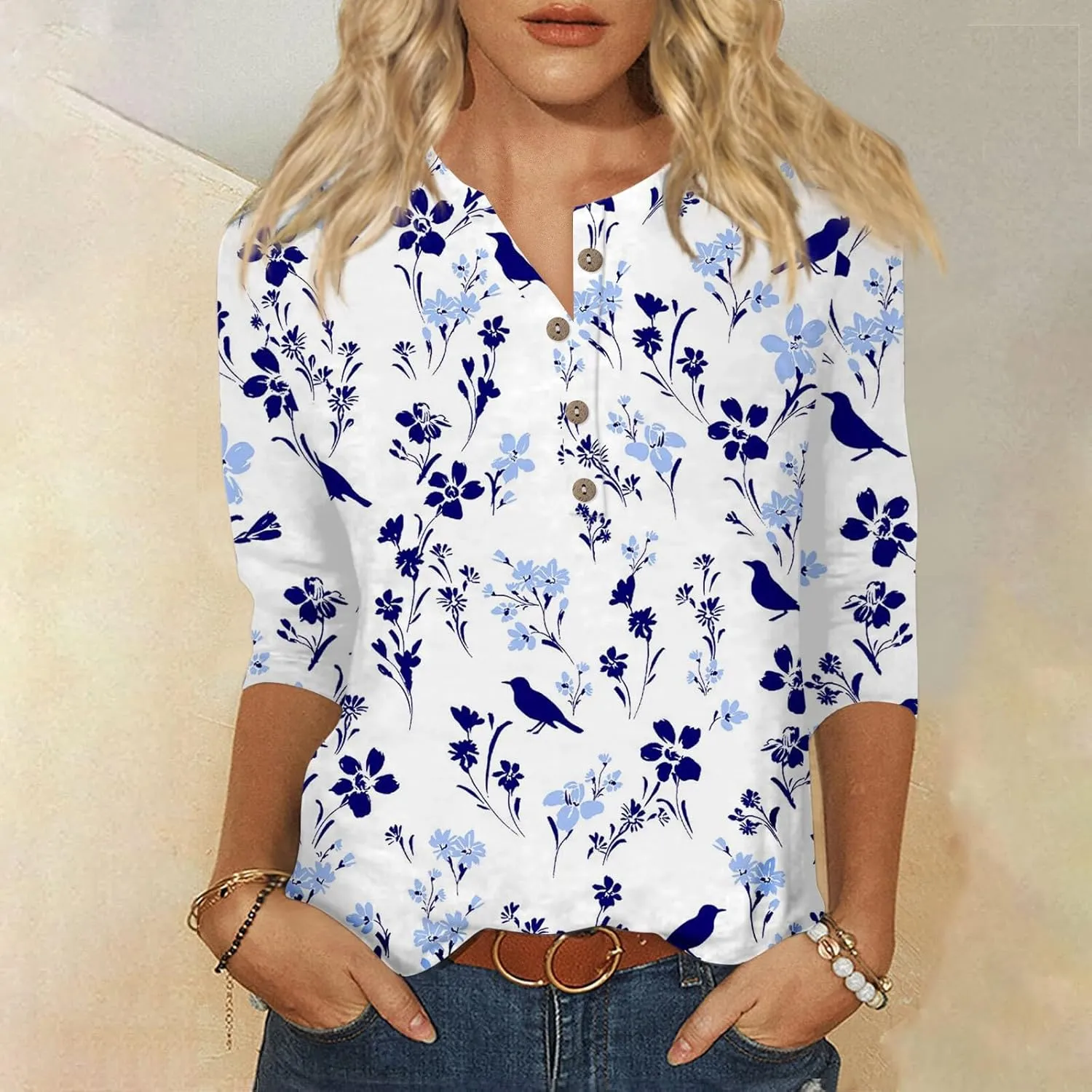 Women's Fashion Casual Long Sleeve Seven Part Sleeve Button Retro Print Neck Top Women's Athletic Shirts