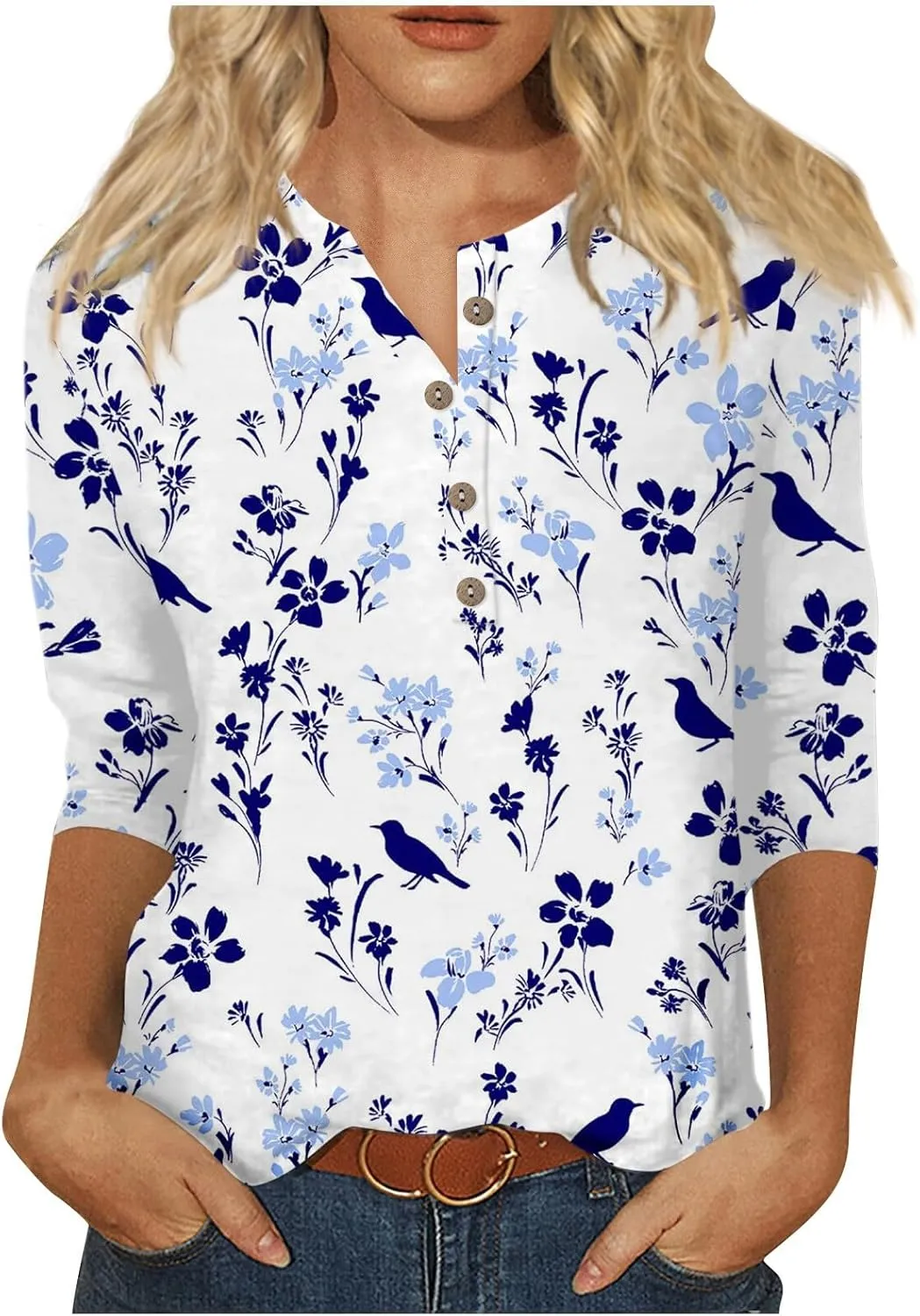 Women's Fashion Casual Long Sleeve Seven Part Sleeve Button Retro Print Neck Top Women's Athletic Shirts