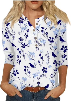 Women's Fashion Casual Long Sleeve Seven Part Sleeve Button Retro Print Neck Top Women's Athletic Shirts