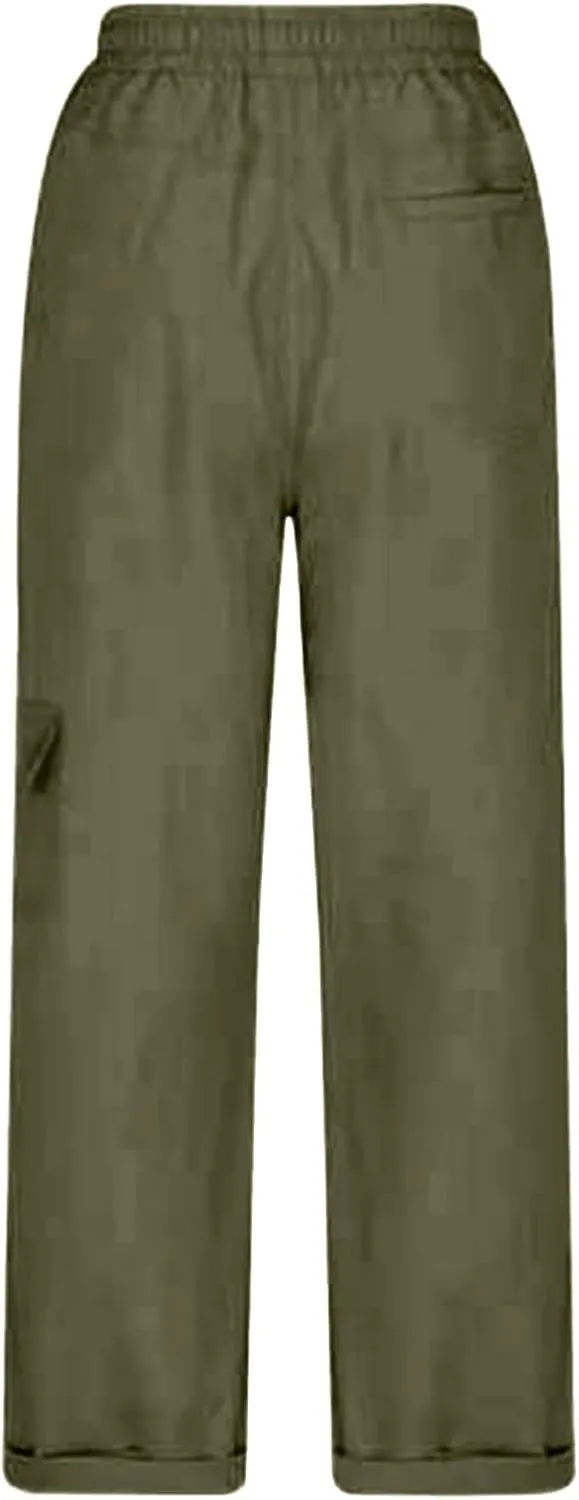 Women's Fashion Pants Loose Fit Summer Baggy Elastic Waist Pant Straight Leg Trousers Convertible Length Cargo