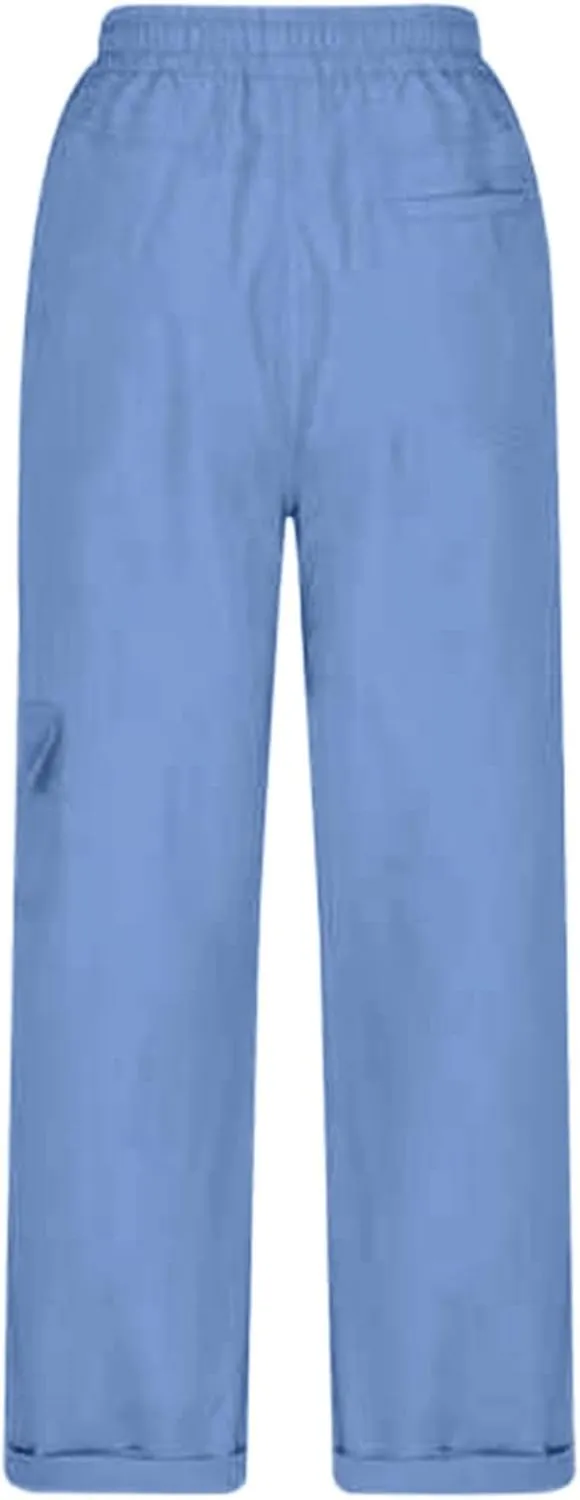 Women's Fashion Pants Loose Fit Summer Baggy Elastic Waist Pant Straight Leg Trousers Convertible Length Cargo