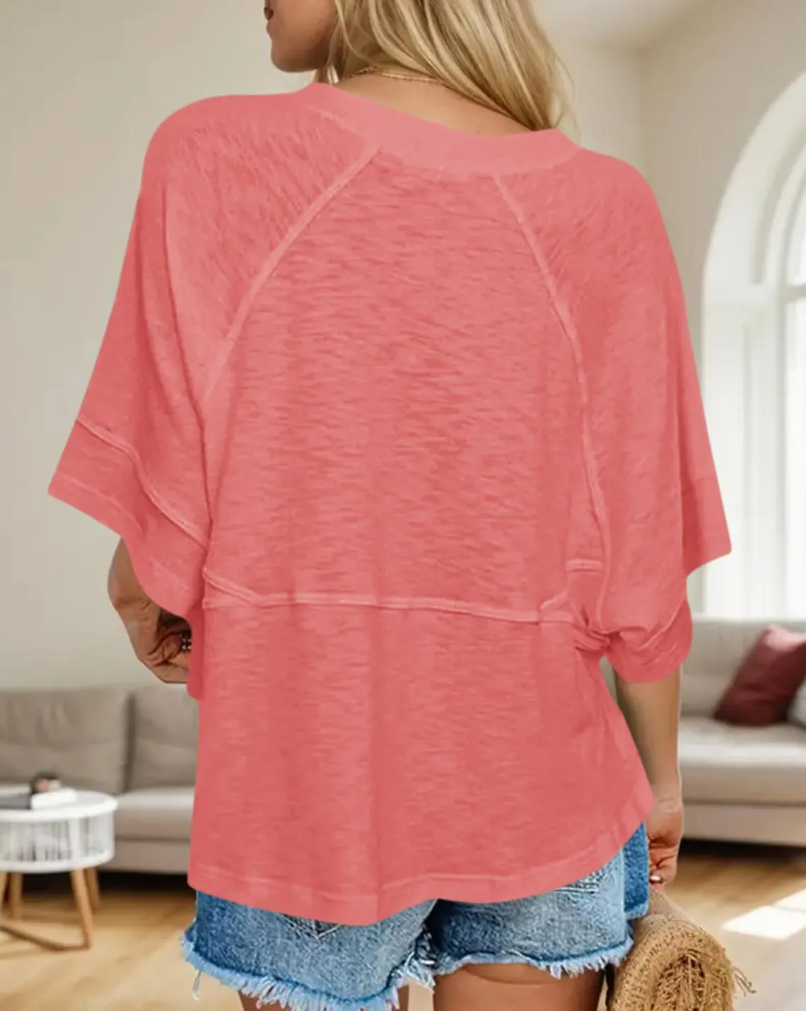 Womens Fashion T-Shirt Crewneck 3/4 Sleeves Solid Color Loose Basic Tops Summer Casual Tees Blouses