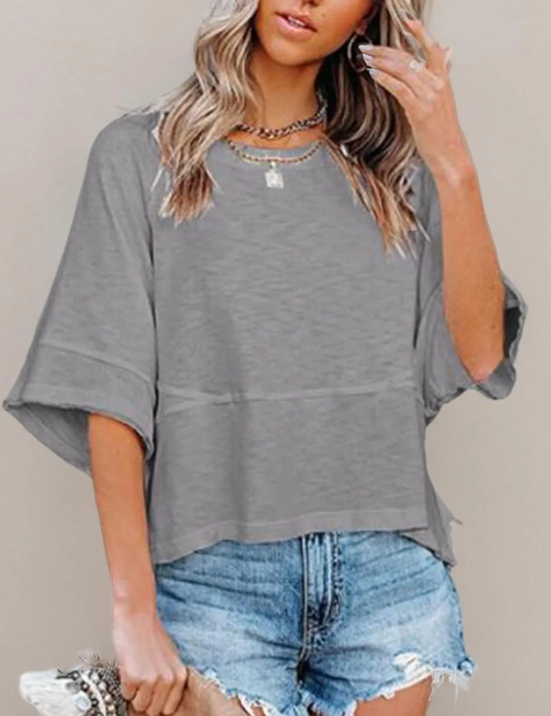Womens Fashion T-Shirt Crewneck 3/4 Sleeves Solid Color Loose Basic Tops Summer Casual Tees Blouses