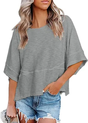 Womens Fashion T-Shirt Crewneck 3/4 Sleeves Solid Color Loose Basic Tops Summer Casual Tees Blouses