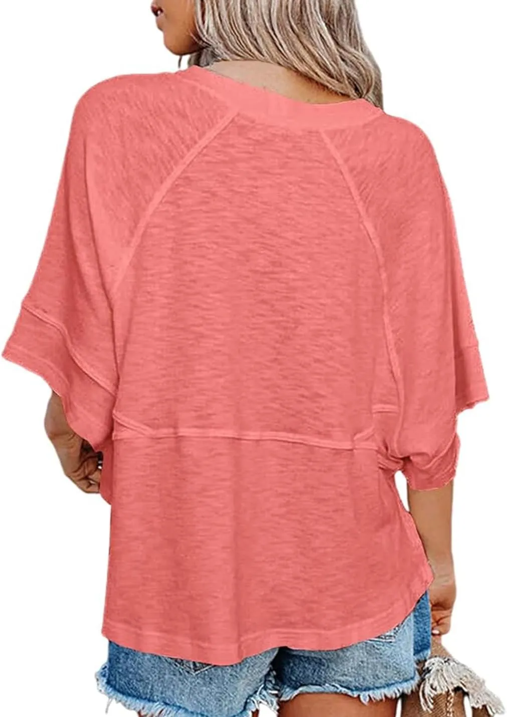 Womens Fashion T-Shirt Crewneck 3/4 Sleeves Solid Color Loose Basic Tops Summer Casual Tees Blouses