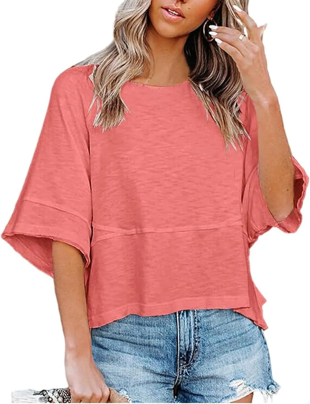 Womens Fashion T-Shirt Crewneck 3/4 Sleeves Solid Color Loose Basic Tops Summer Casual Tees Blouses