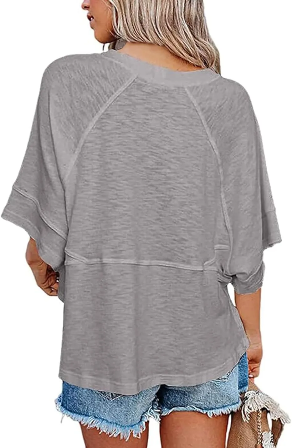 Womens Fashion T-Shirt Crewneck 3/4 Sleeves Solid Color Loose Basic Tops Summer Casual Tees Blouses