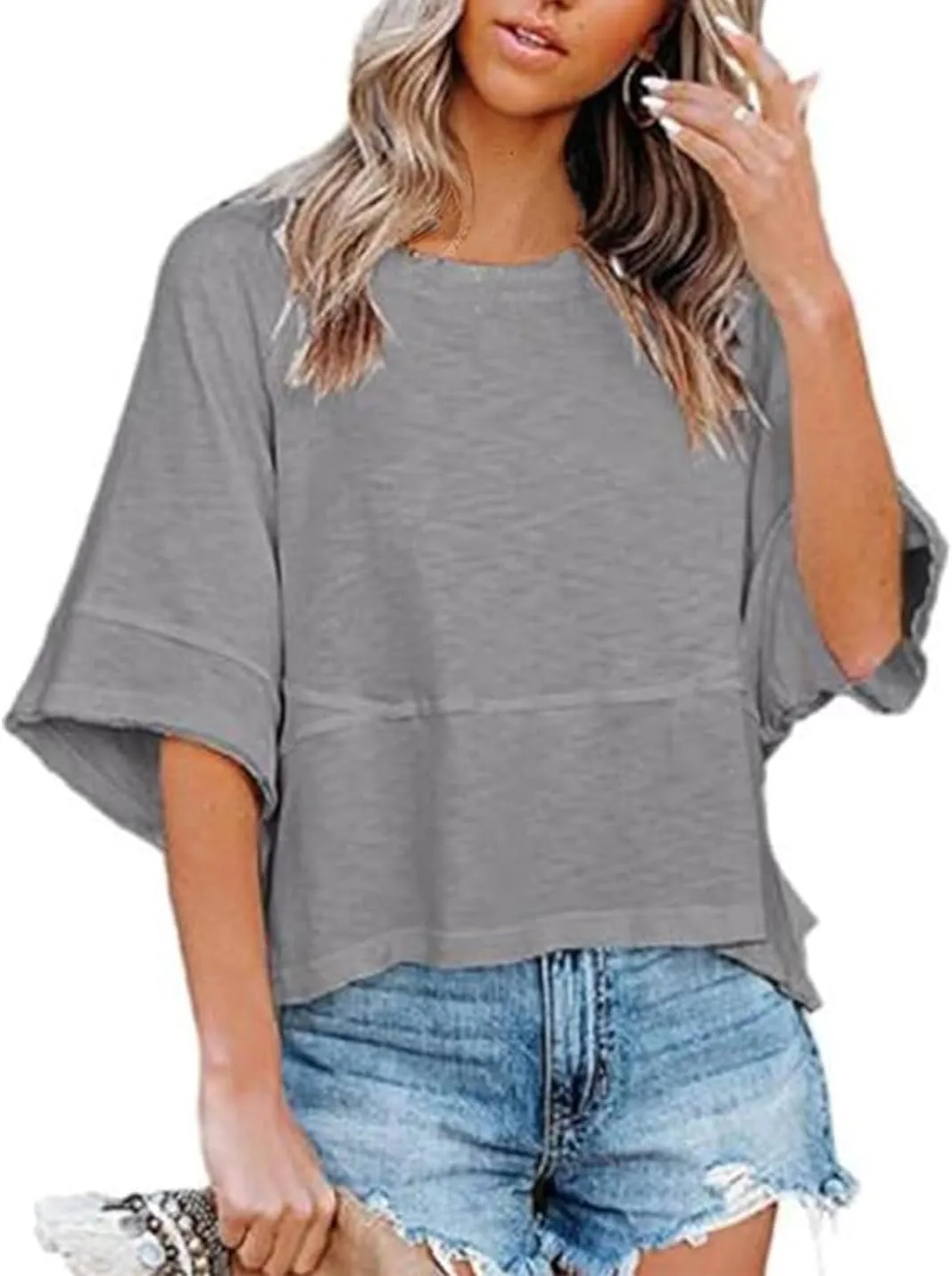 Womens Fashion T-Shirt Crewneck 3/4 Sleeves Solid Color Loose Basic Tops Summer Casual Tees Blouses