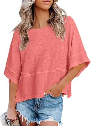 Womens Fashion T-Shirt Crewneck 3/4 Sleeves Solid Color Loose Basic Tops Summer Casual Tees Blouses