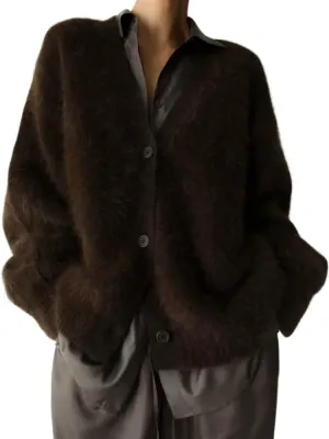 Womens Fuzzy Sweaters Cardigan V-Neck Button Down Oversized Mohair Sweater Casual Y2k 2025 Fall Winter