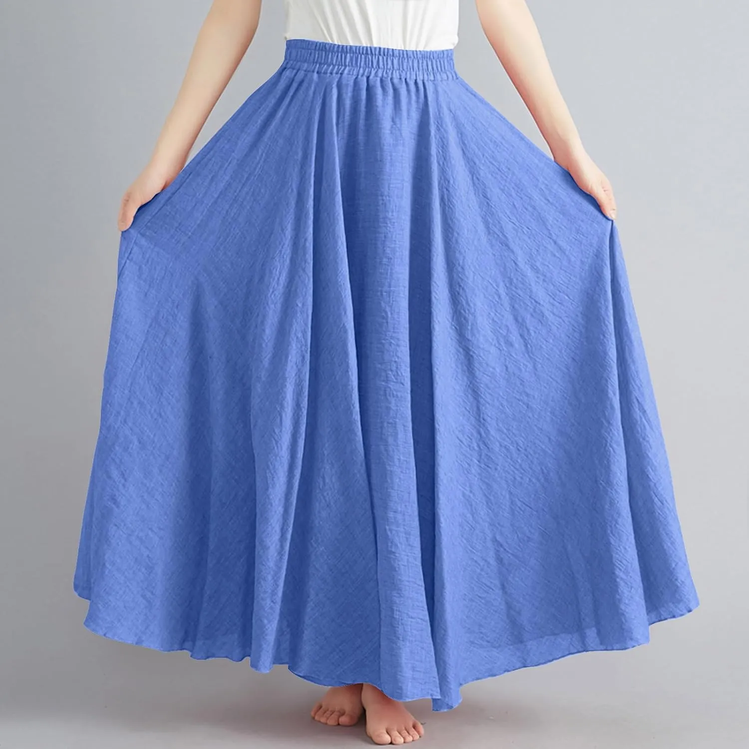 Women's Linen Maxi Skirts High Waist Ankle Length Skirt Solid Color Loose Casual Skirt Summer Flowy Long Skirts