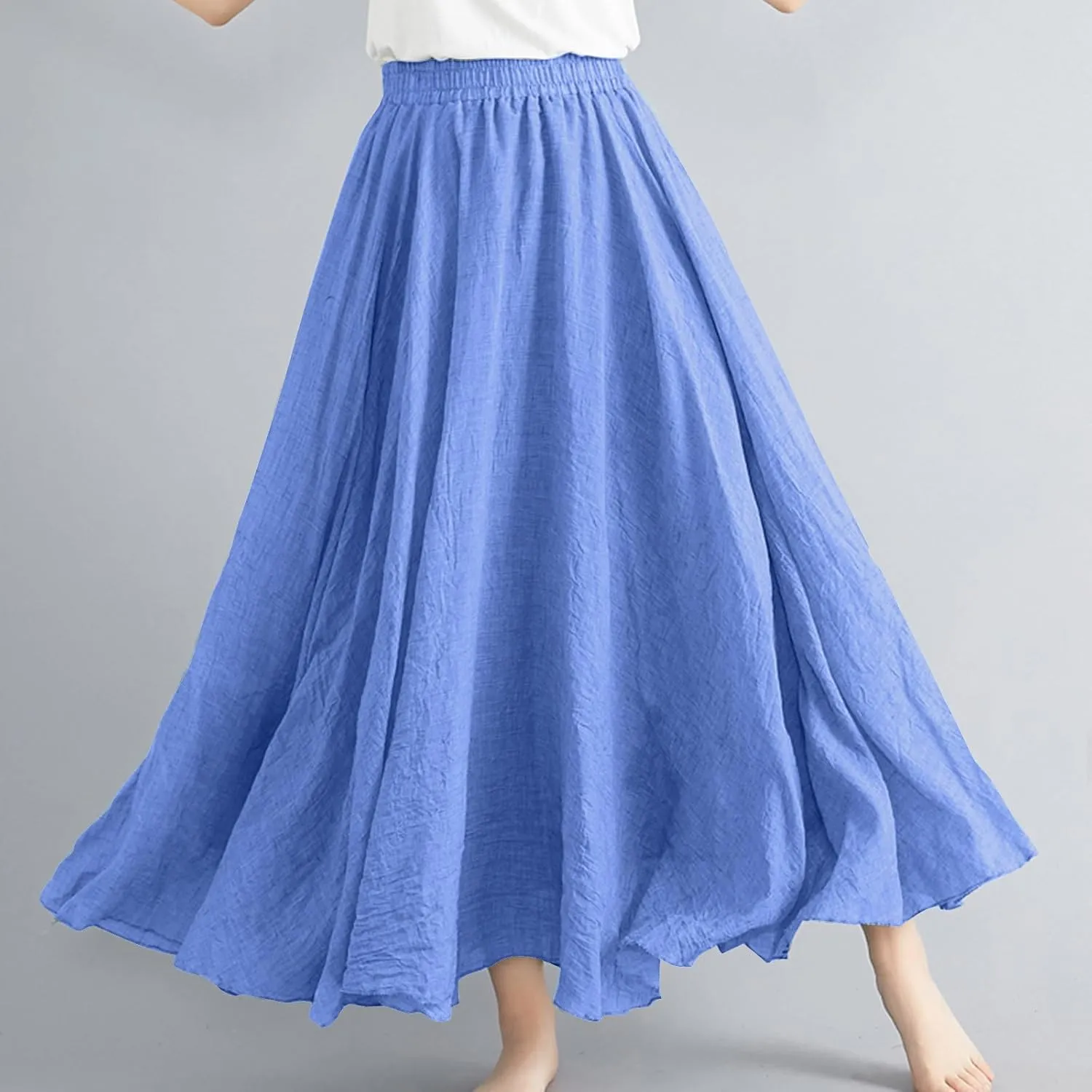 Women's Linen Maxi Skirts High Waist Ankle Length Skirt Solid Color Loose Casual Skirt Summer Flowy Long Skirts