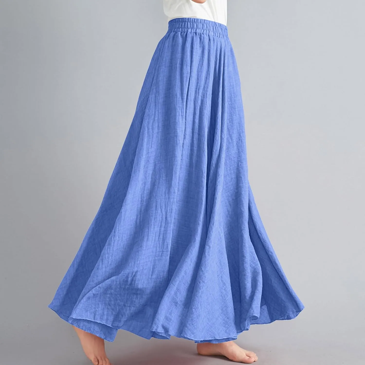 Women's Linen Maxi Skirts High Waist Ankle Length Skirt Solid Color Loose Casual Skirt Summer Flowy Long Skirts