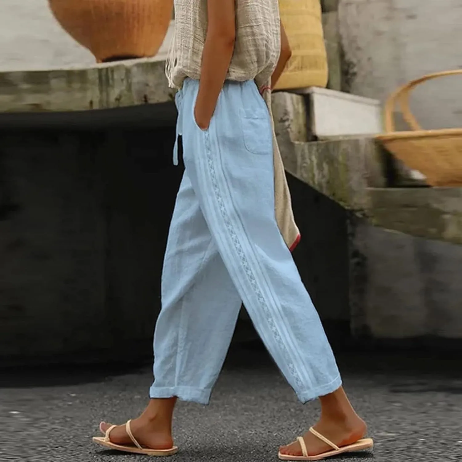 Women's Linen Pants Casual Loose High Waist Drawstring Straight Leg Lace Capri Cropped Pants Trousers with Pockets
