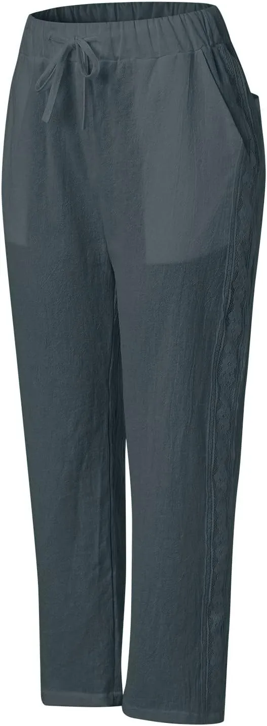 Women's Linen Pants Casual Loose High Waist Drawstring Straight Leg Lace Capri Cropped Pants Trousers with Pockets
