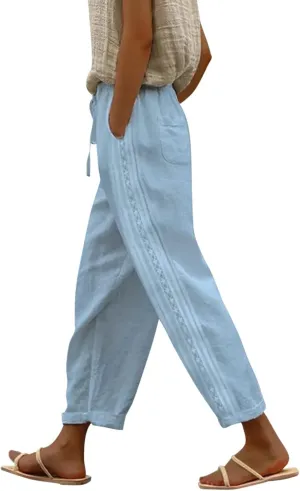 Women's Linen Pants Casual Loose High Waist Drawstring Straight Leg Lace Capri Cropped Pants Trousers with Pockets