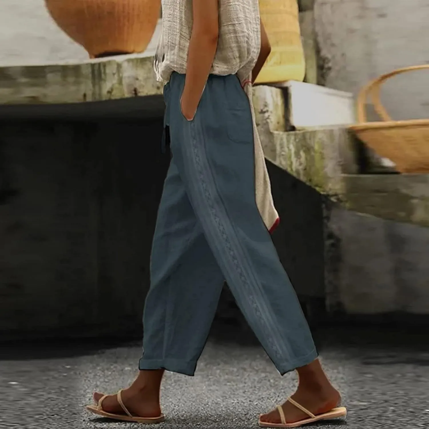 Women's Linen Pants Casual Loose High Waist Drawstring Straight Leg Lace Capri Cropped Pants Trousers with Pockets