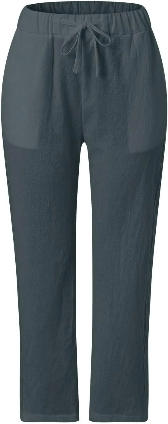 Women's Linen Pants Casual Loose High Waist Drawstring Straight Leg Lace Capri Cropped Pants Trousers with Pockets