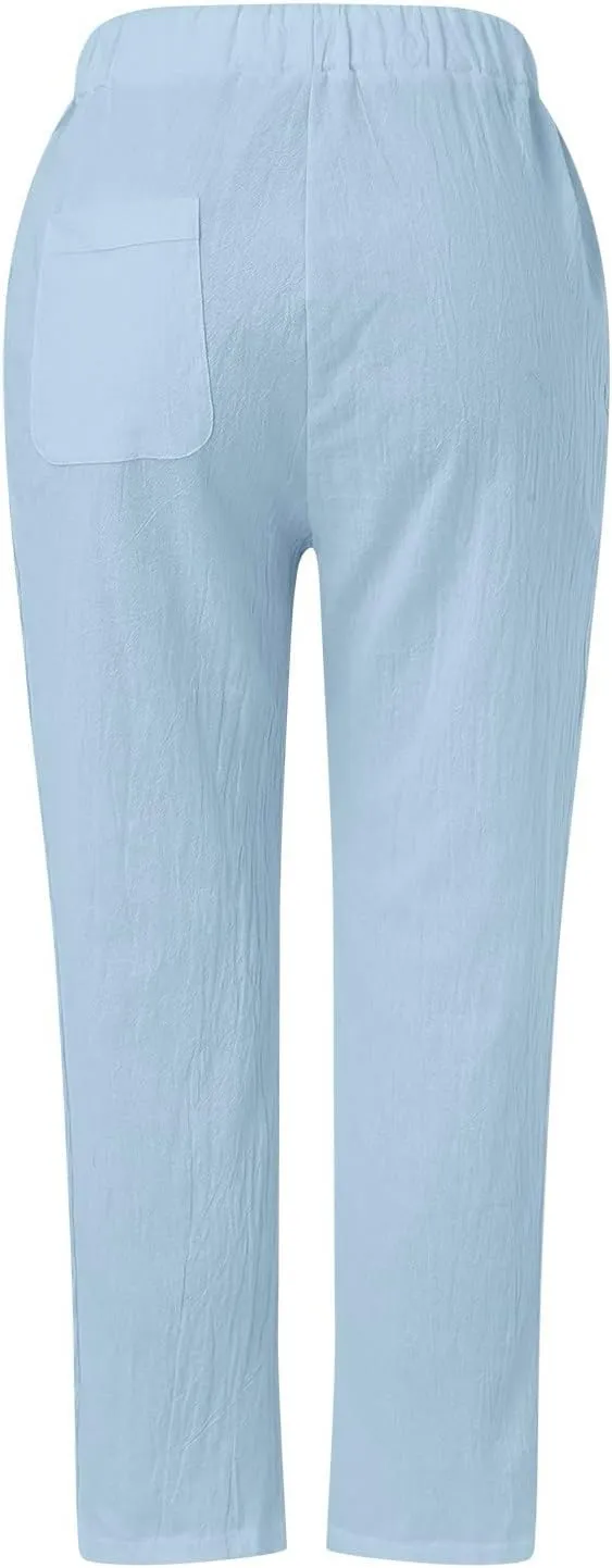 Women's Linen Pants Casual Loose High Waist Drawstring Straight Leg Lace Capri Cropped Pants Trousers with Pockets